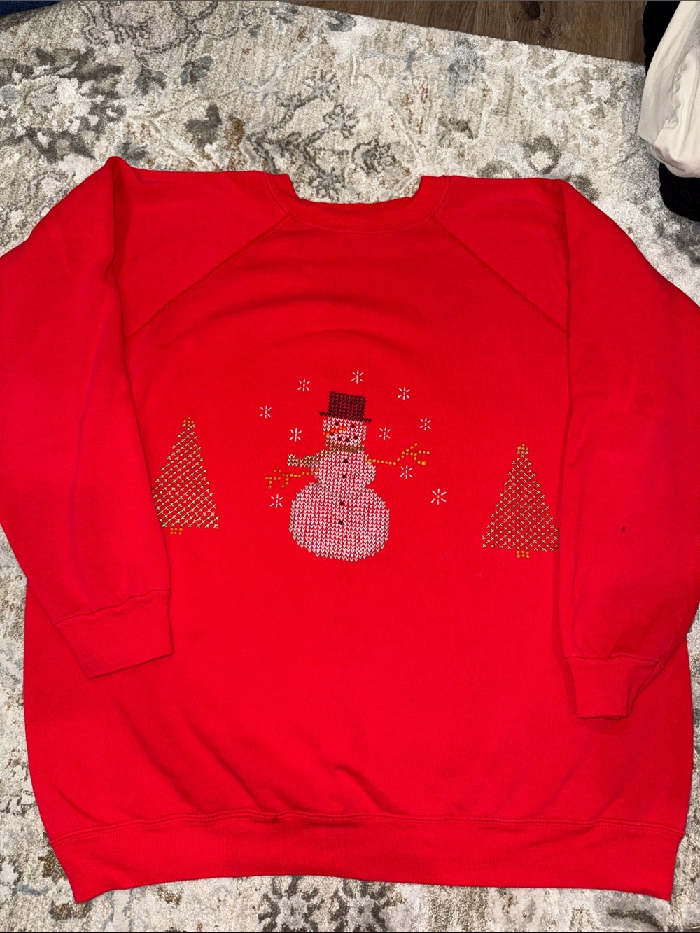 Vintage Red Holiday Sweatshirt with Snowman Motif “cross-stitch” plastic design